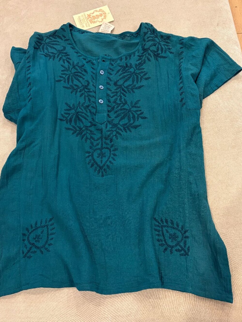 Teal Gypsy Rose boho hippie gauze embroidered shirt XL